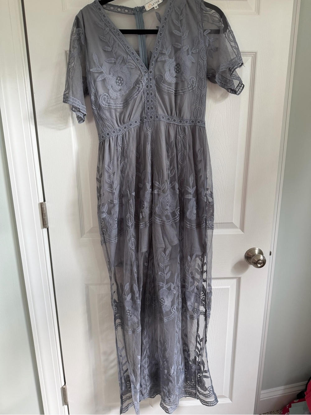 Women’s Gray Embroidered V-Neck Maxi Dress